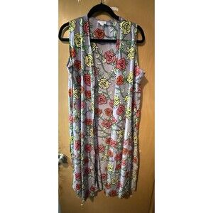 Lularoe Joy Long Vest Long Duster Roses Gray Yellow Red Size M